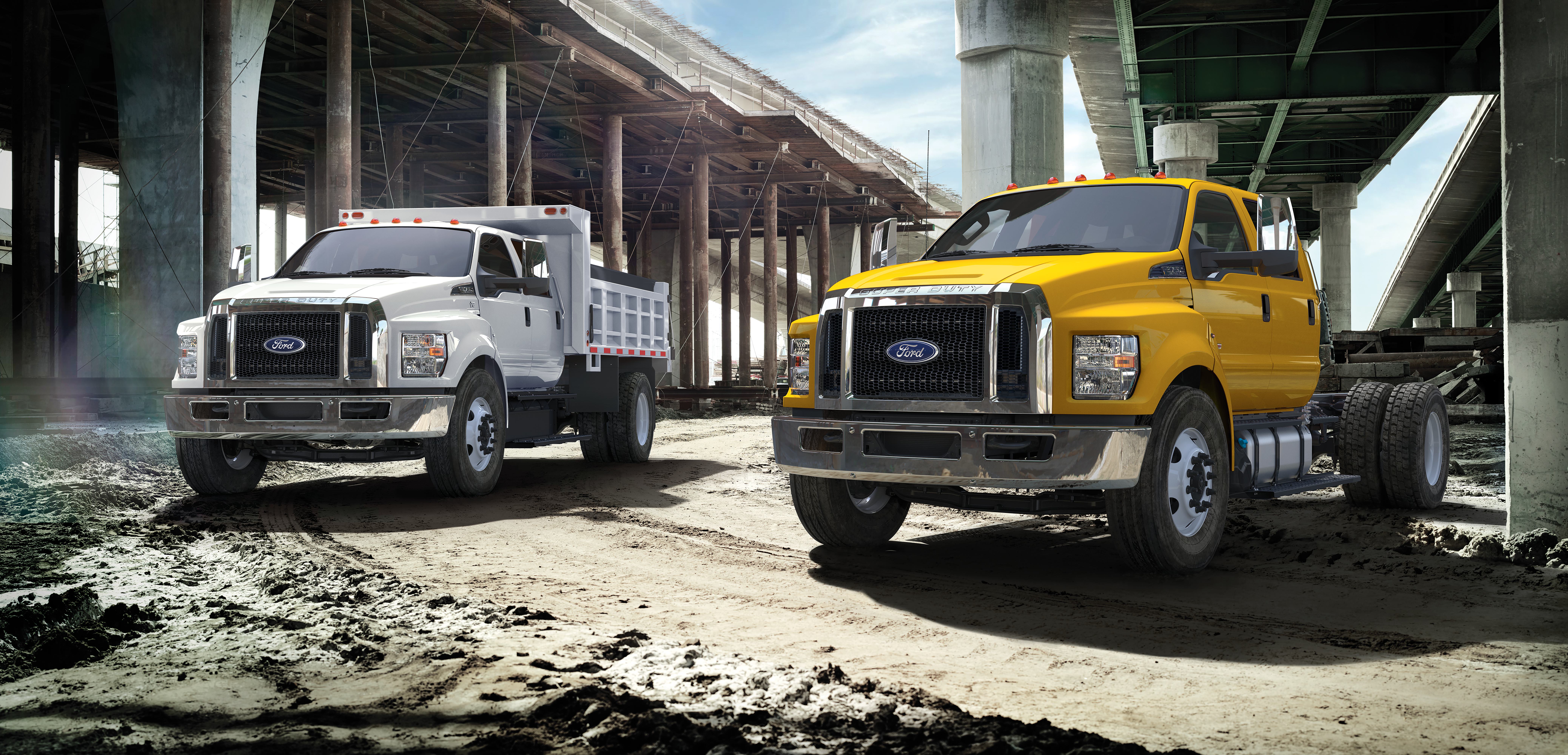 Fleet manager in front of a fleet of Ford commercial vehicles